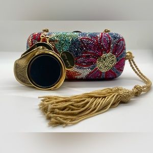 Judith Leiber Swarovski Crystal Floral Print Mini Minaudiere Clutch Mirror Pouch